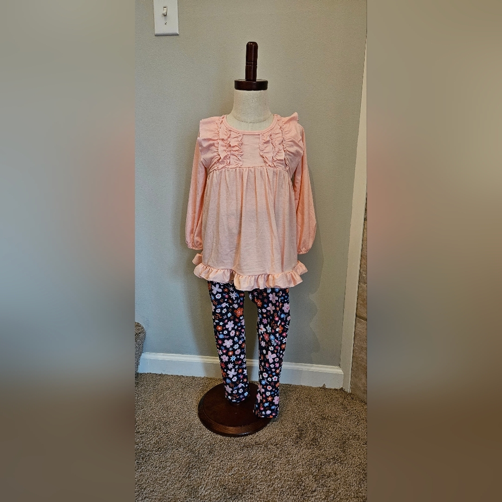 Kids Pink Ruffle Top and Floral Leggings Set